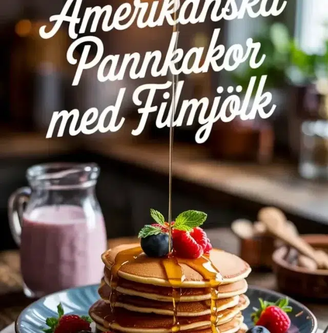 En hög med fluffiga pannkakor toppade med smör och lönnsirap, serverade med en kopp kaffe